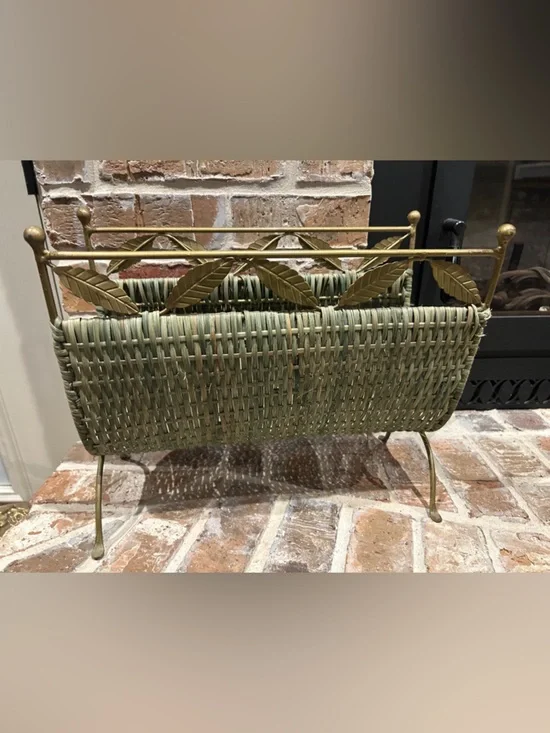 Vintage Wicker Magazine Rack with Brass Leaf Accents - Green - Picture 1 of 10
